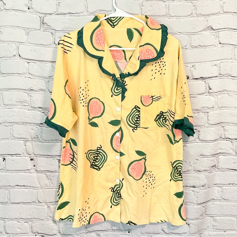 Bright Yellow Print Button Up Top